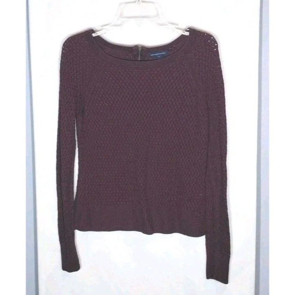 American Eagle Open Knit Sweater S Plum Heather Back Zip Cotton Wool Layering